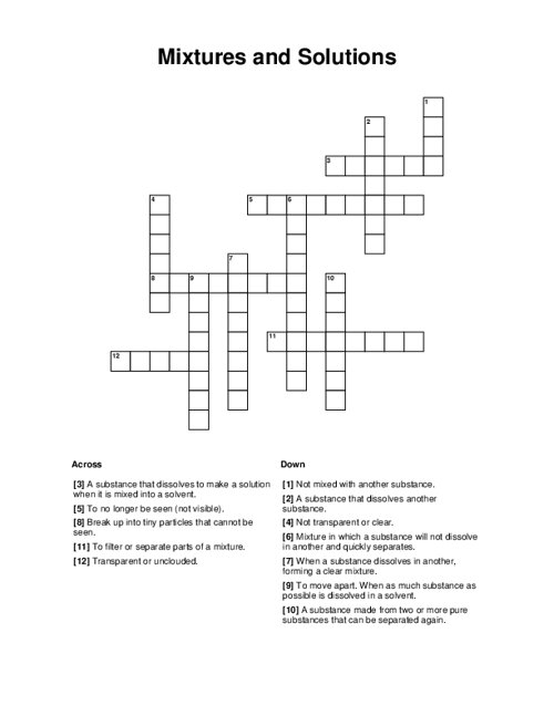 Mixtures And Solutions Crossword Puzzle