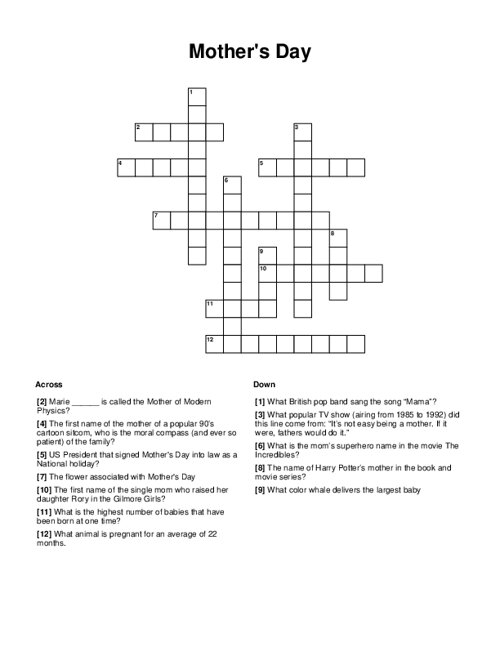 Mother 39 s Day Crossword Puzzle