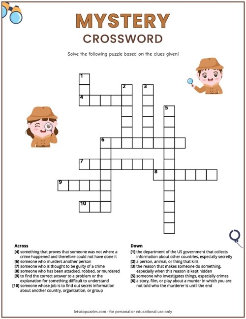 Mystery Crossword Crime Fiction Activities