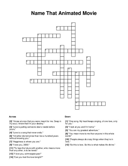 Name That Animated Movie Crossword Puzzle