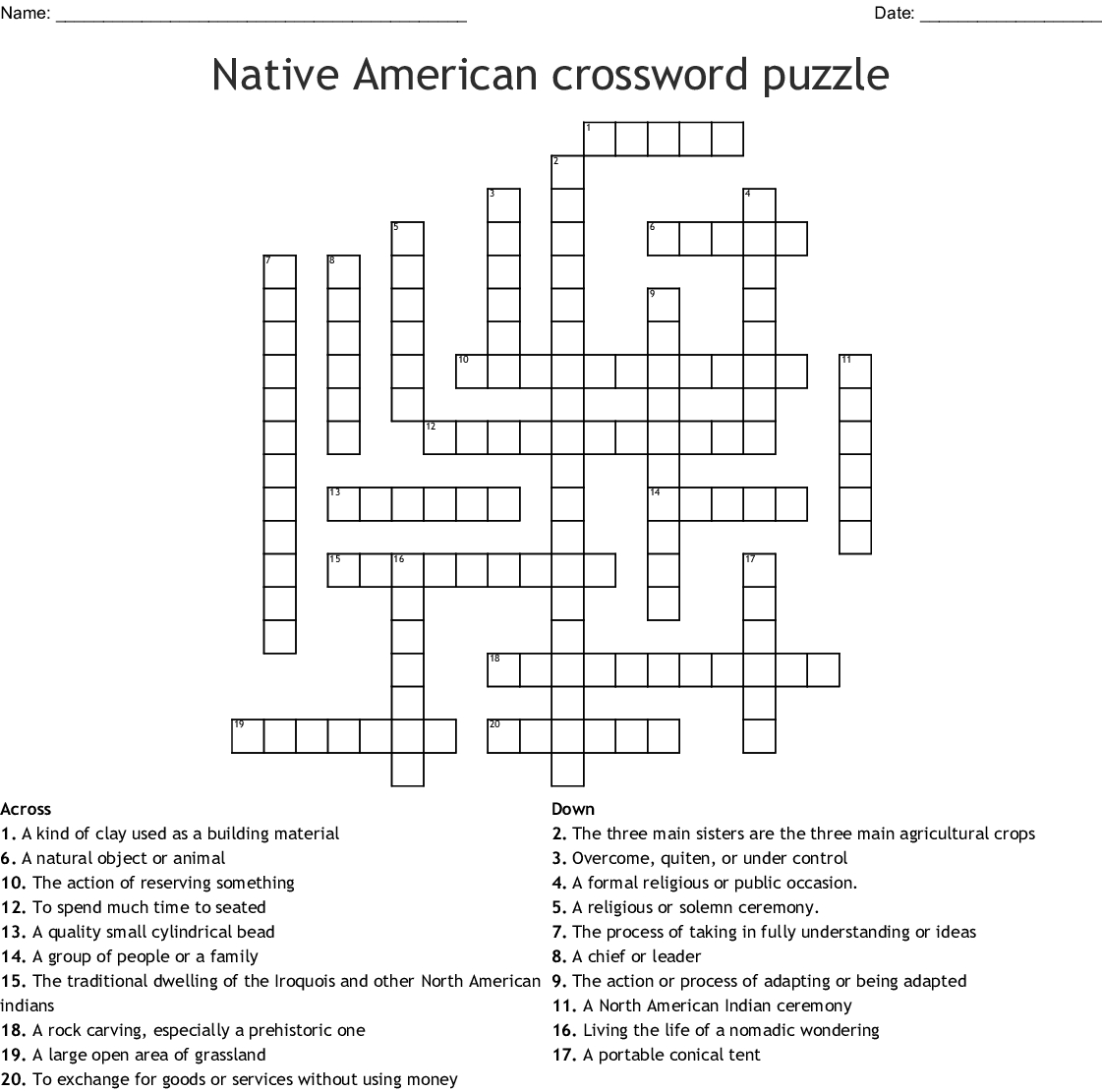 Native American Crossword Puzzle Printable Sally Crossword Puzzles