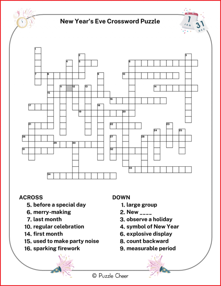 New Year 39 s Eve Crossword Puzzle Puzzle Cheer