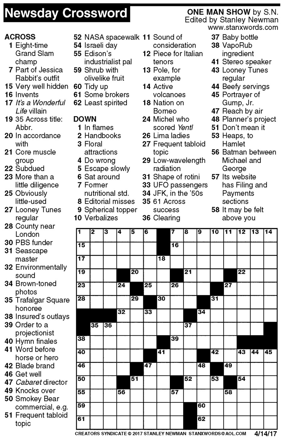Newsday Crossword Puzzle For Apr 14 2017 By Stanley Newman Creators 