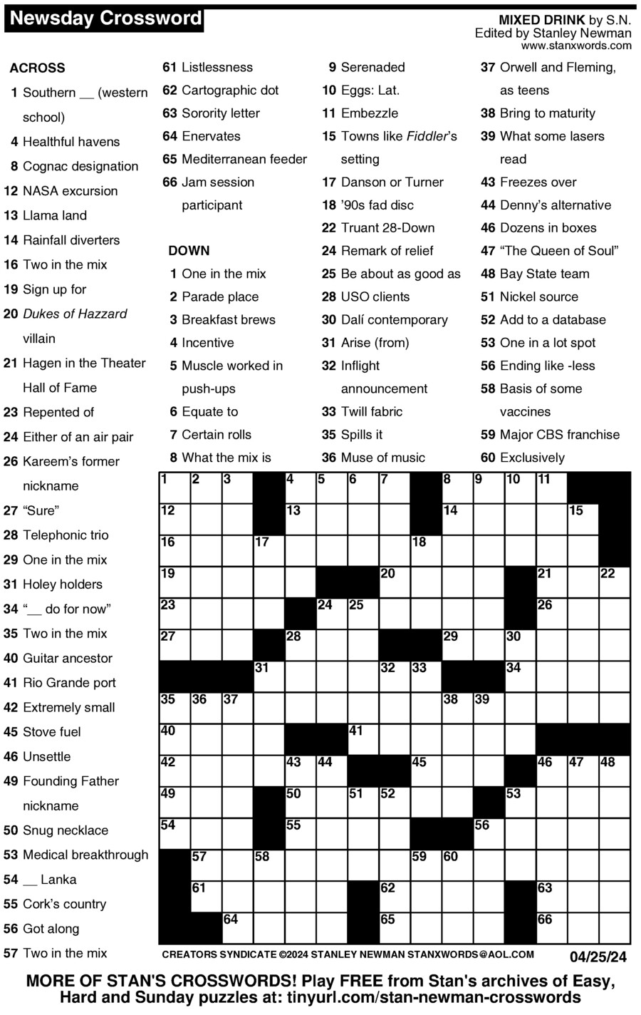 Newsday Crossword Puzzle For Apr 25 2024 By Stanley Newman Creators 