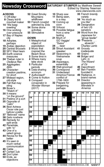 Newsday Crossword Puzzle For Dec 23 2017 By Stanley Newman Creators 