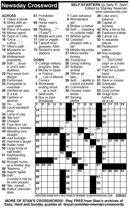 Newsday Crossword Puzzle For Jun 20 2023 By Stanley Newman Creators 