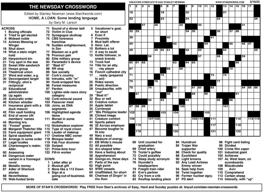 Newsday Crossword Puzzle For Mar 19 2023 By Stanley Newman Creators 