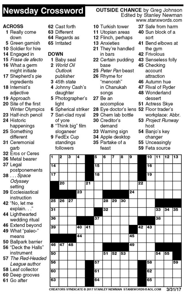 Newsday Crossword Puzzle For Mar 31 2017 stanley Newman Printable