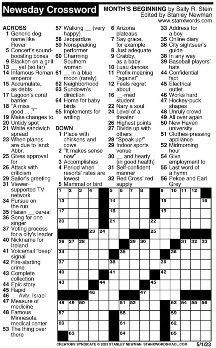 Newsday Crossword Puzzle For May 01 2023 By Stanley Newman Creators 