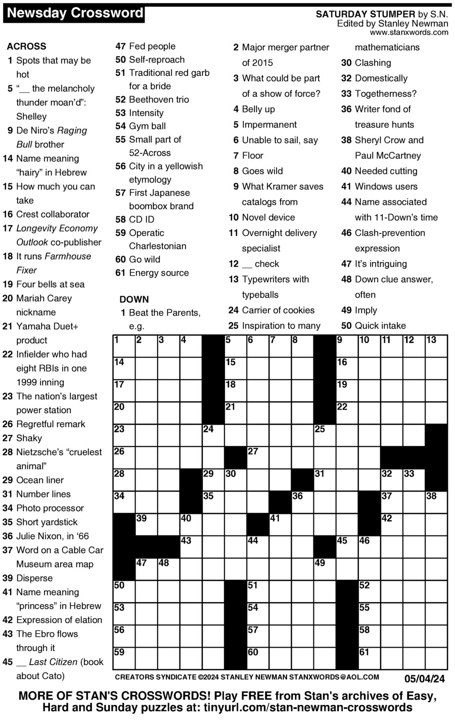 Newsday Crossword Puzzle For May 04 2024 By Stanley Newman Creators 