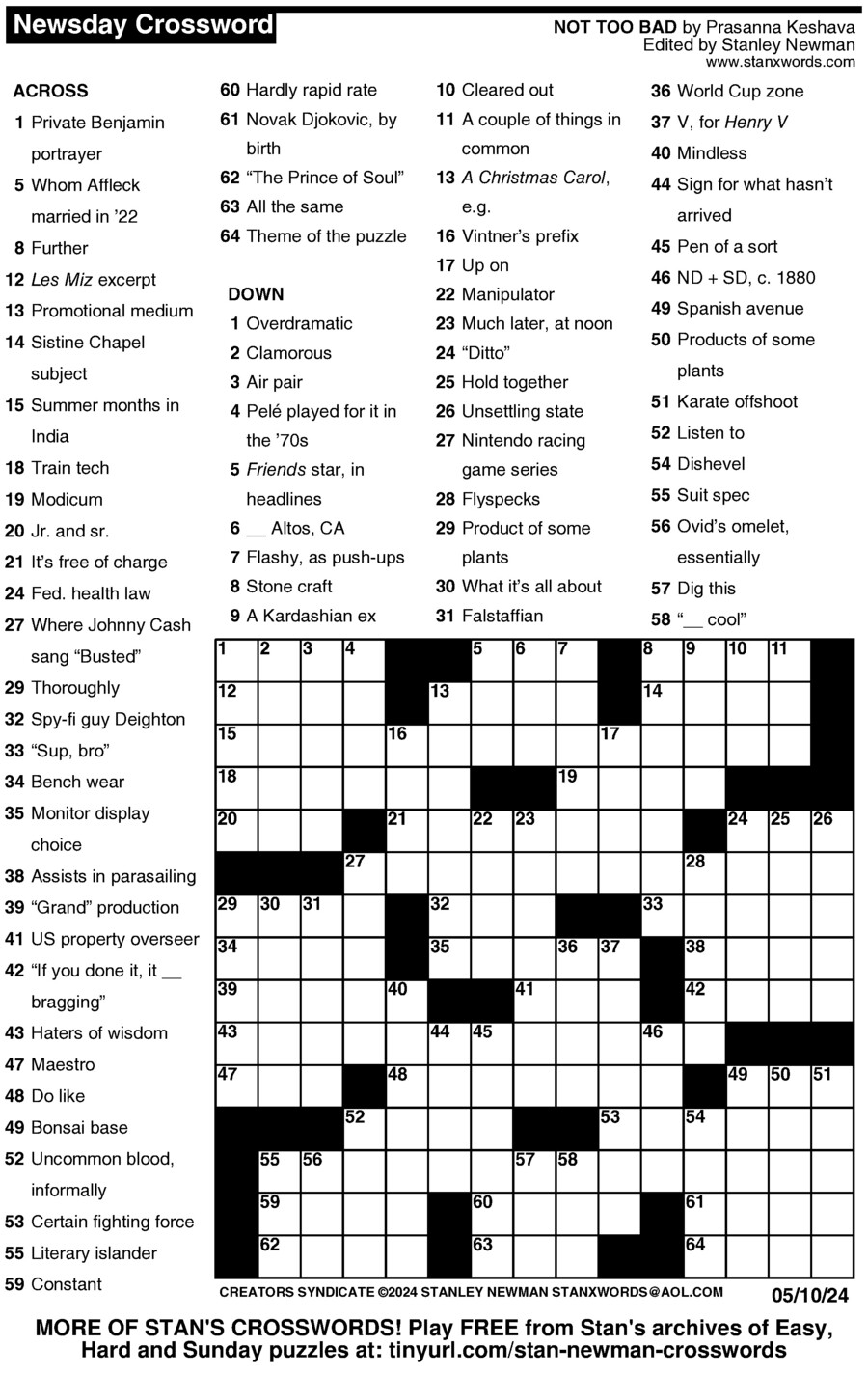 Newsday Crossword Puzzle For May 10 2024 By Stanley Newman QDR Plus
