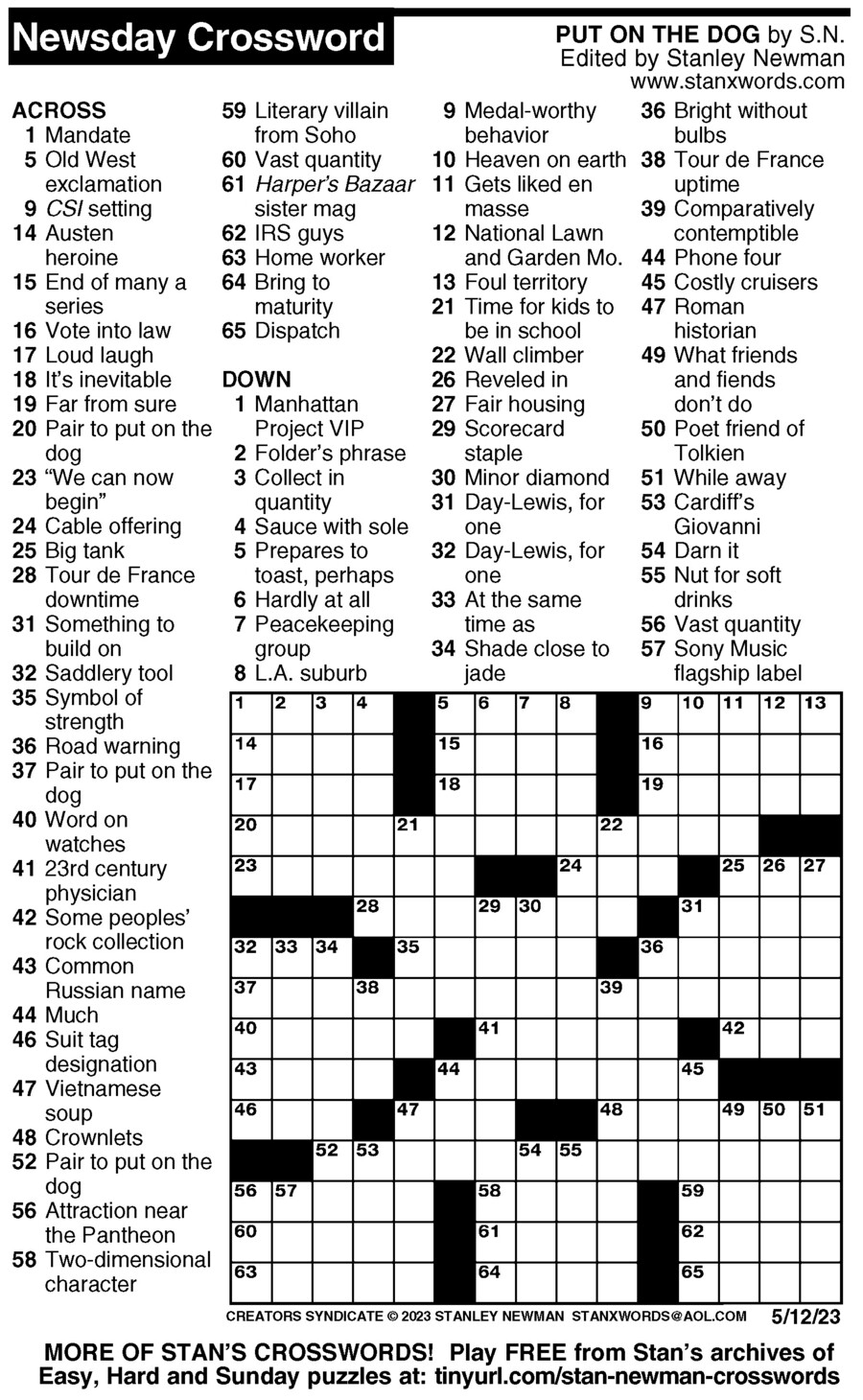 Newsday Crossword Puzzle For May 12 2023 By Stanley Newman Creators 