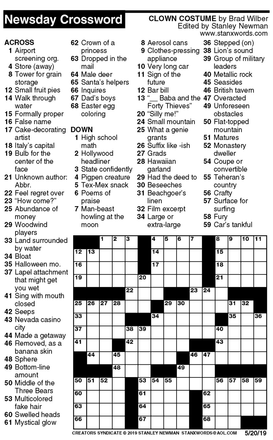Newsday Crossword Puzzle For May 20 2019 By Stanley Newman Creators 