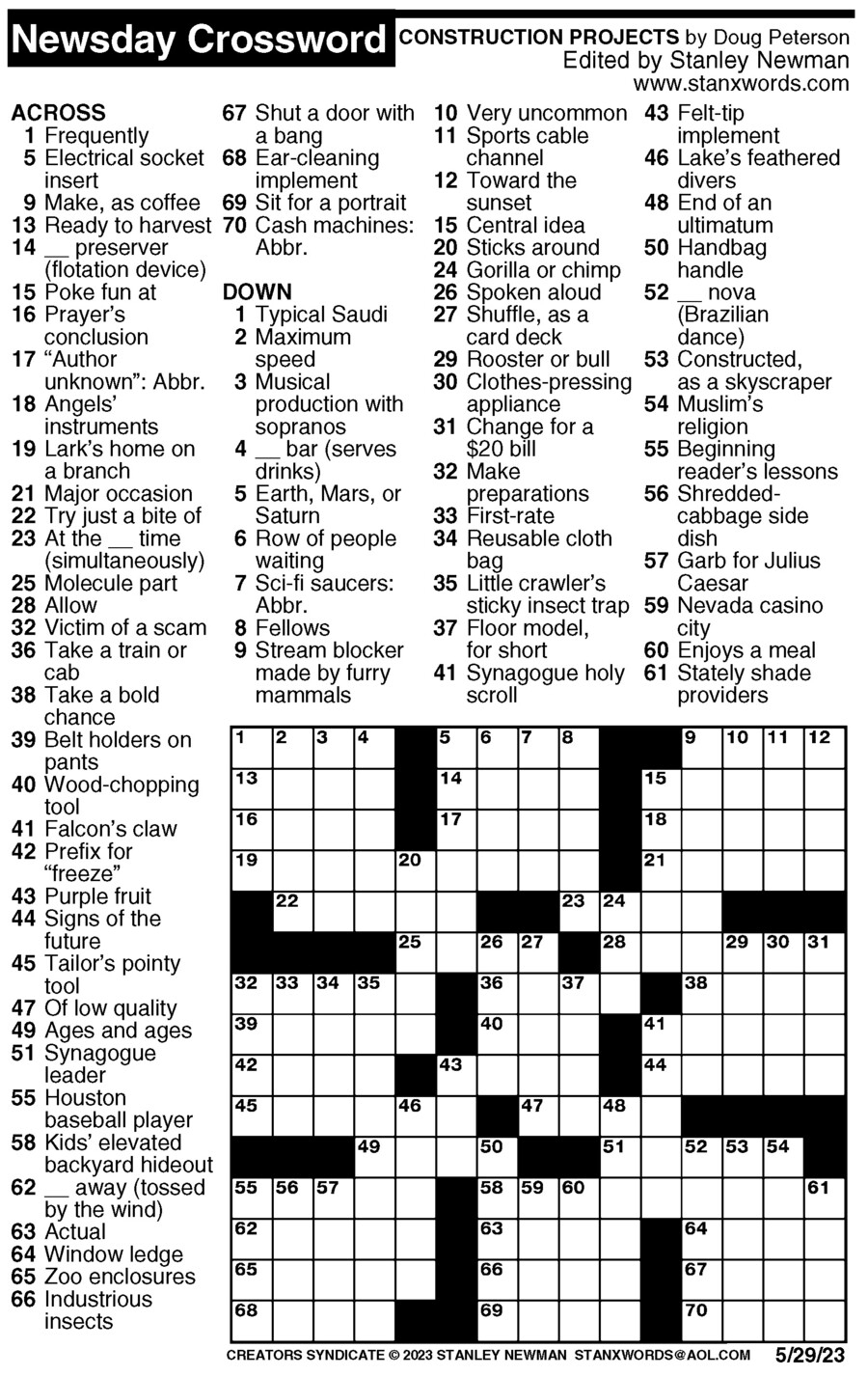 Newsday Crossword Puzzle For May 29 2023 By Stanley Newman Creators 