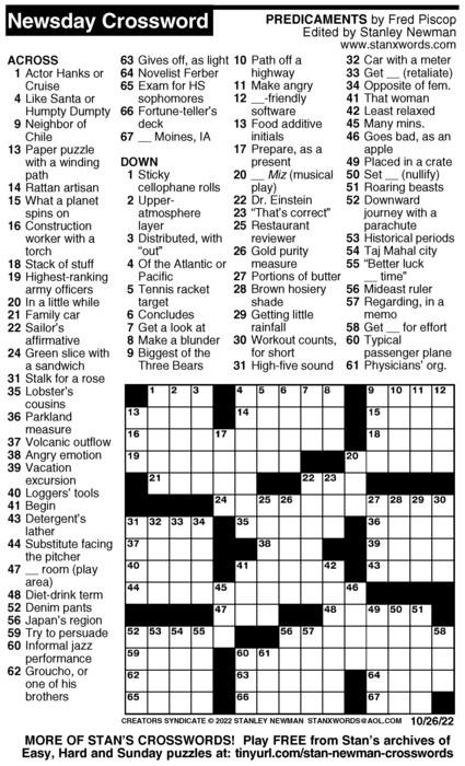 Newsday Crossword Puzzle For Oct 26 2022 By Stanley Newman Creators 