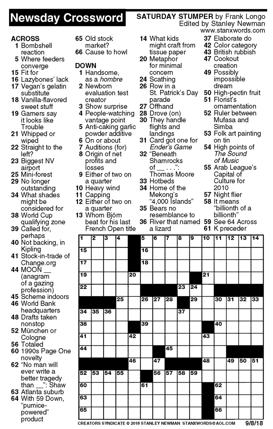 Newsday Crossword Puzzle For Sep 08 2018 By Stanley Newman Creators 