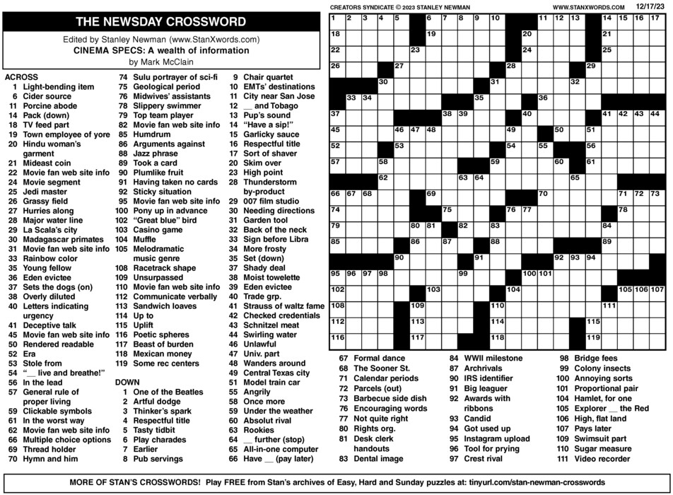 Newsday Crossword Sunday For Dec 17 2023 By Stanley Newman Creators 