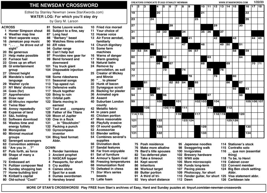 Newsday Crossword Sunday For Jan 22 2023 By Stanley Newman Creators 