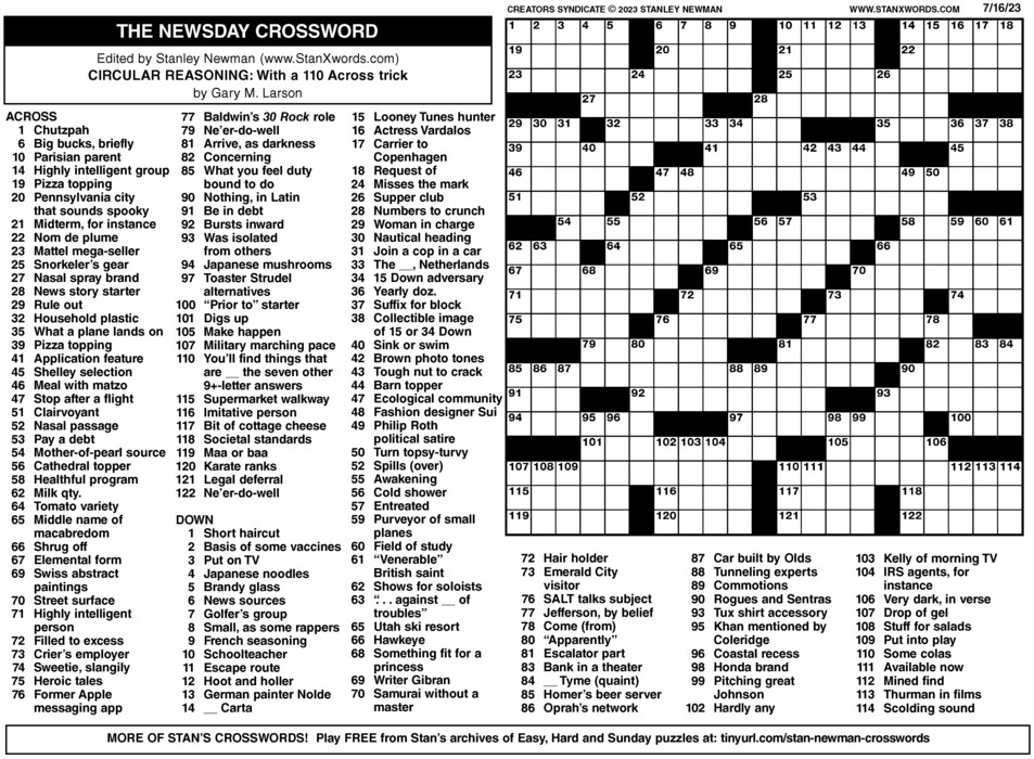 Newsday Crossword Sunday For Jul 16 2023 By Stanley Newman Creators 
