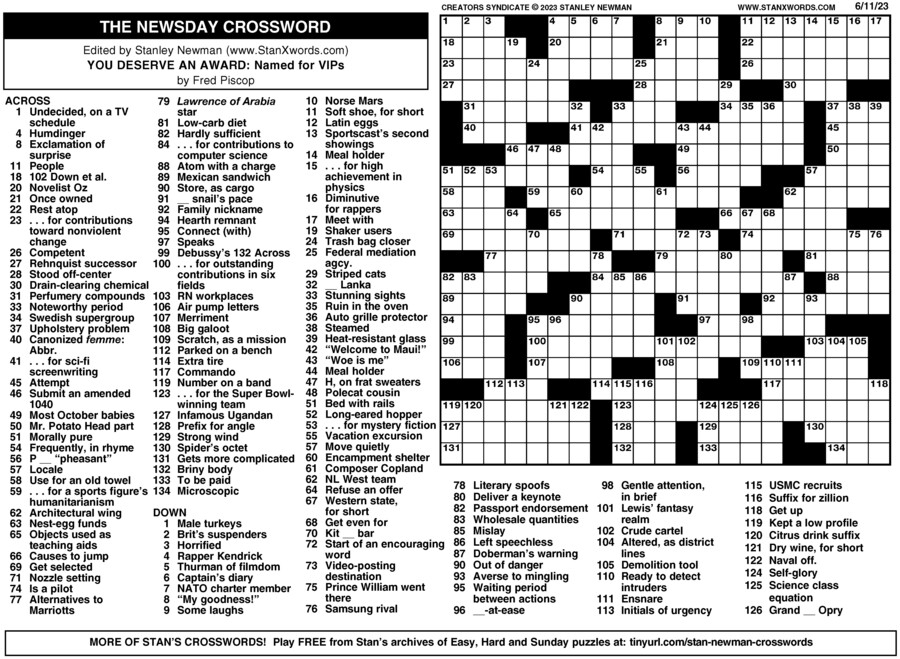 Newsday Crossword Sunday For Jun 11 2023 By Stanley Newman Creators 