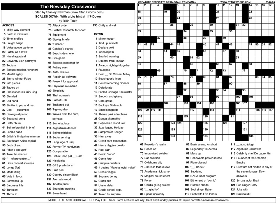 Newsday Crossword Sunday For May 26 2024 By Stanley Newman Creators 