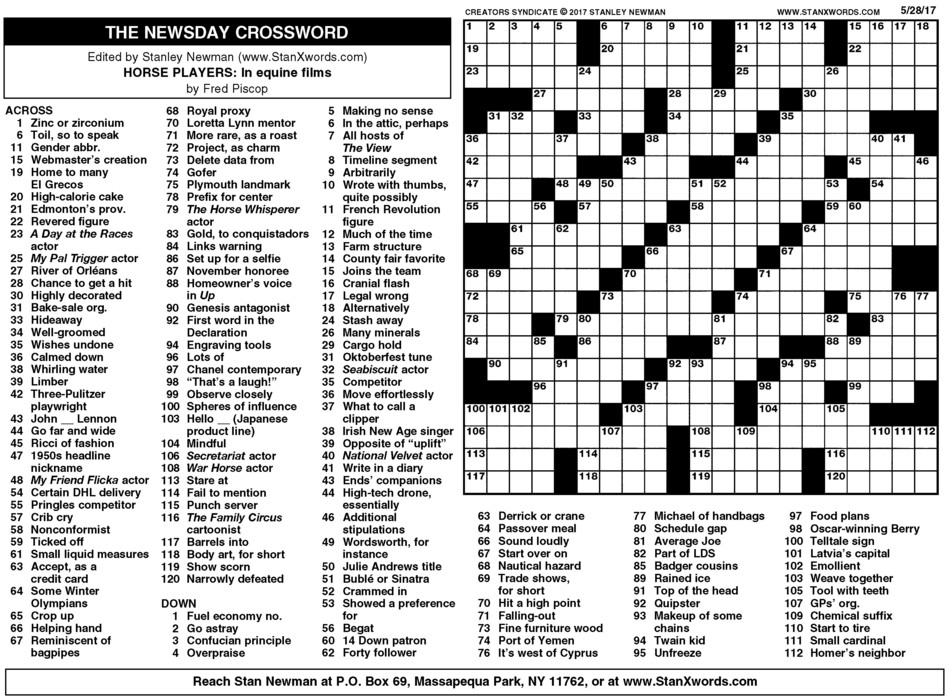 Newsday Crossword Sunday For May 28 2017 By Stanley Newman Creators 