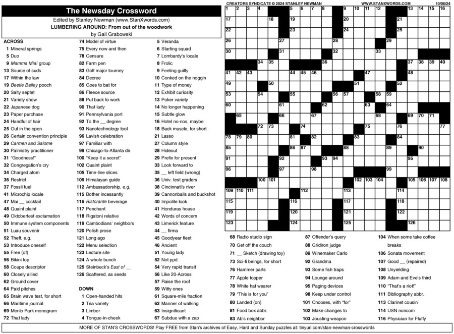 Newsday Crossword Sunday For Oct 06 2024 By Stanley Newman Creators 