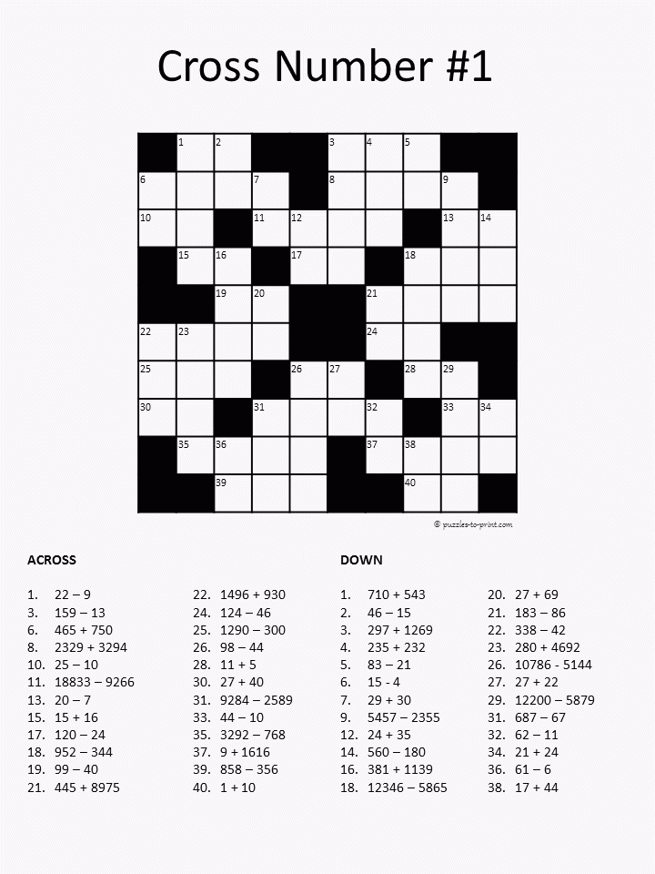 Number Crossword Puzzle Sally Crossword Puzzles