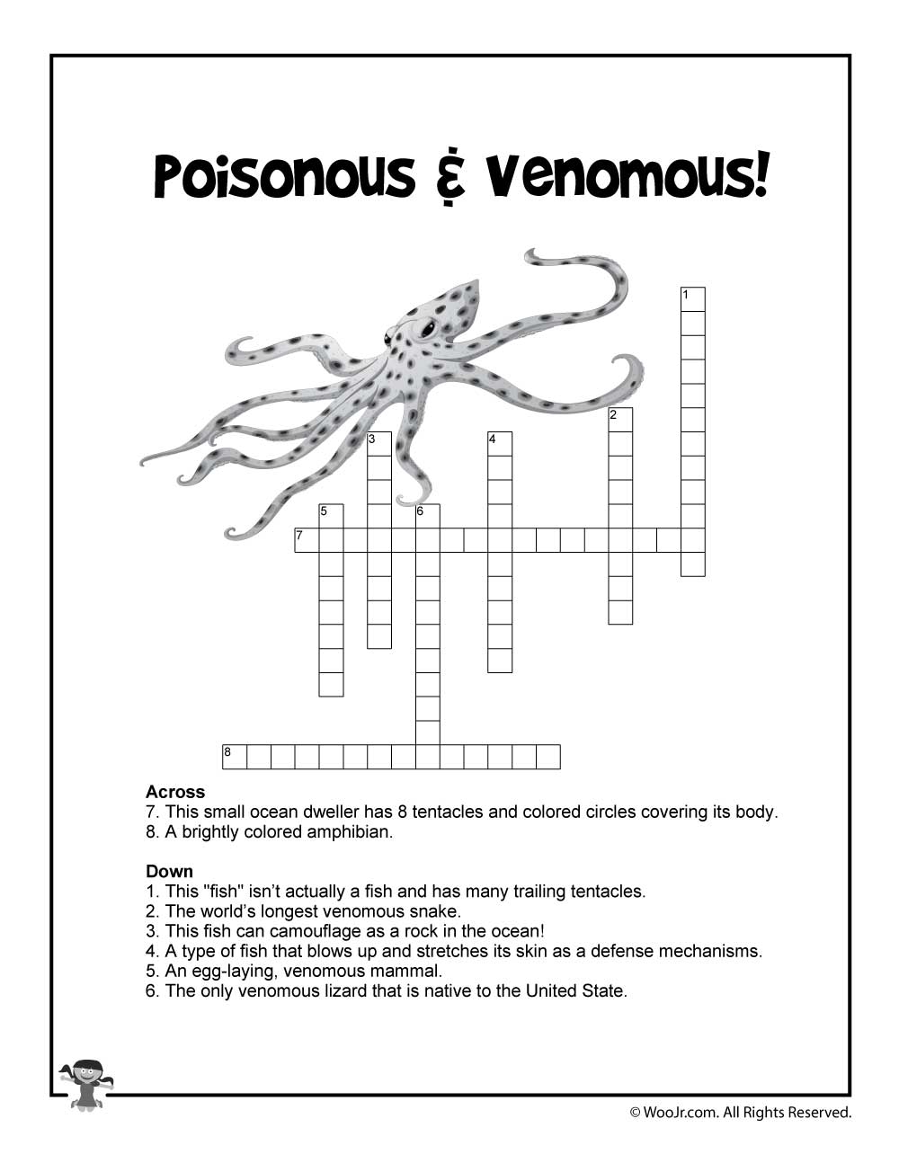 Poisonous Animal Crossword Printable Woo Jr Kids Activities 