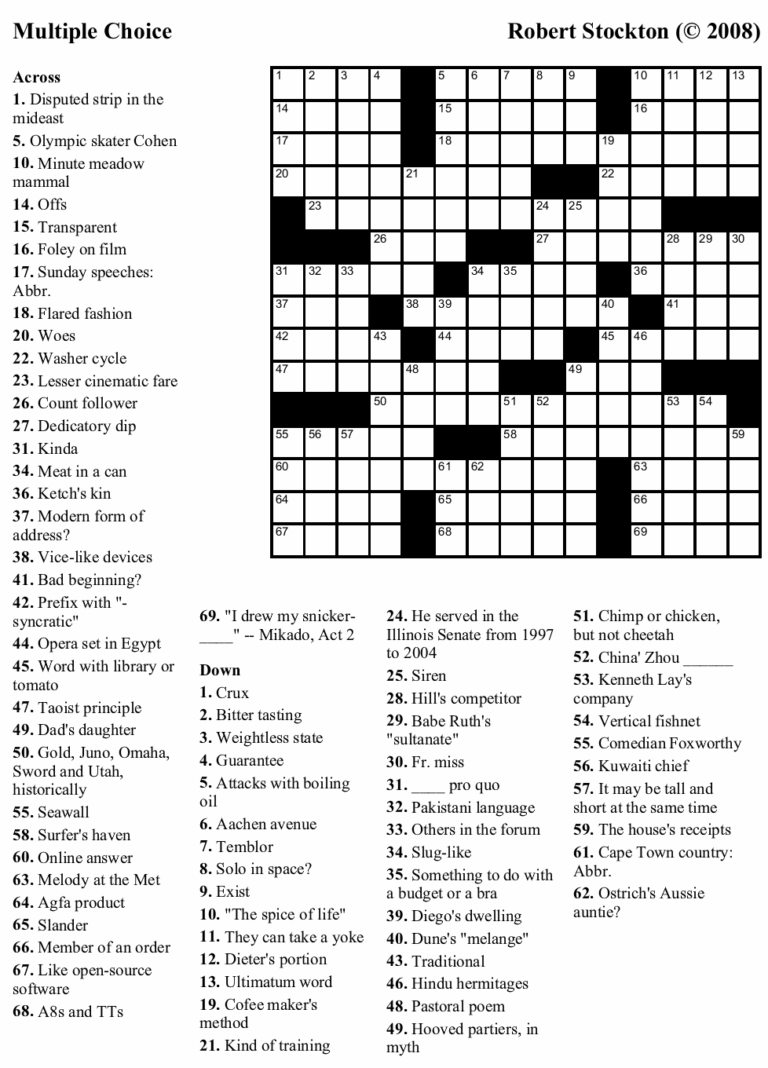Printable Crossword Puzzles With Answer Key - Free Printable Crosswords