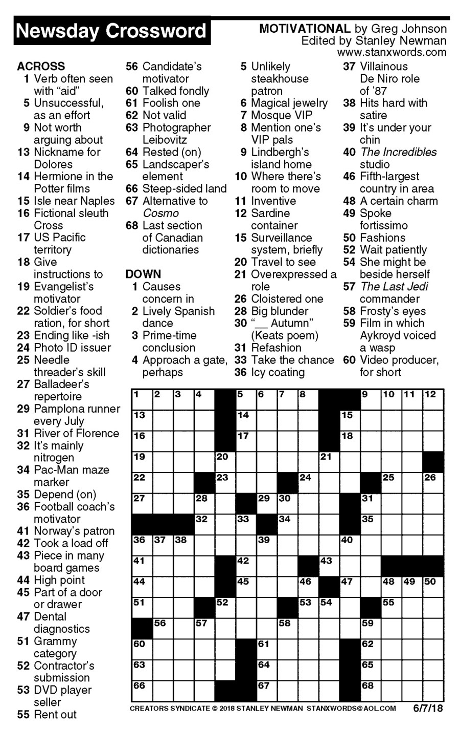 Printable Crossword Puzzles Newsday Printable Crossword Puzzles