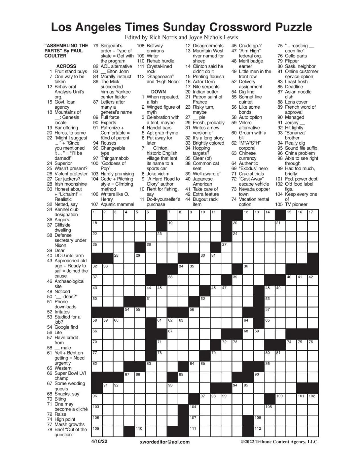 Printable LA Times Sunday Crossword 2019 Printable JD