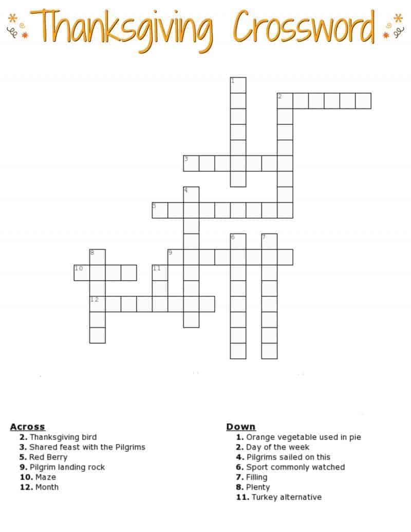 Printable Thanksgiving Crossword Puzzles For Middle School Printable
