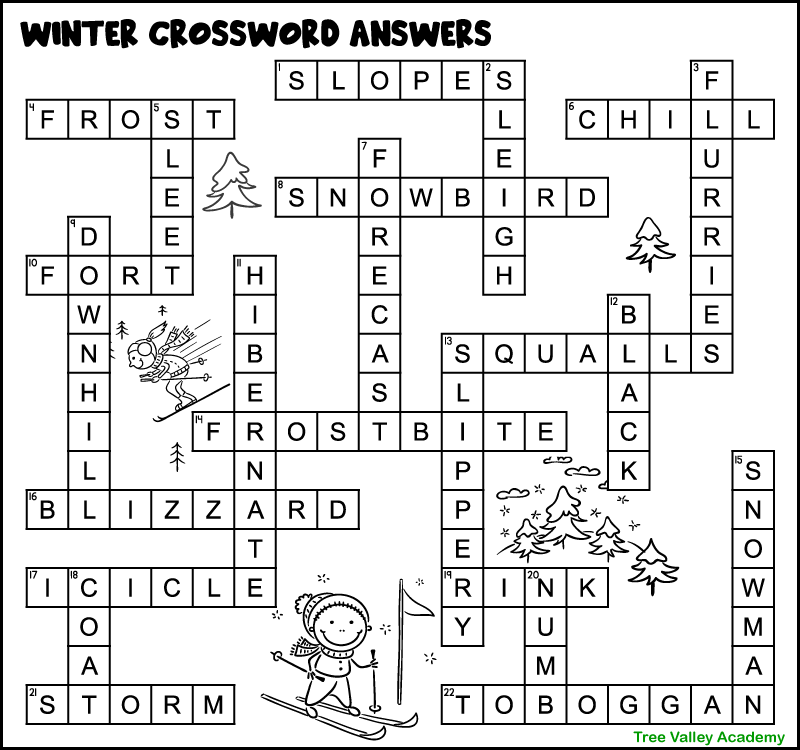 Printable Winter Crossword Puzzles For Kids Tree Valley Academy