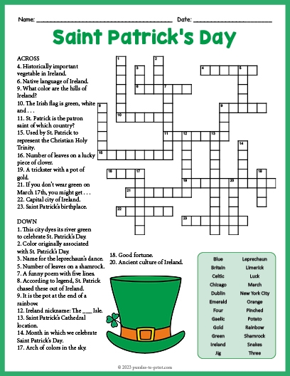 Saint Patrick 39 s Day Crossword
