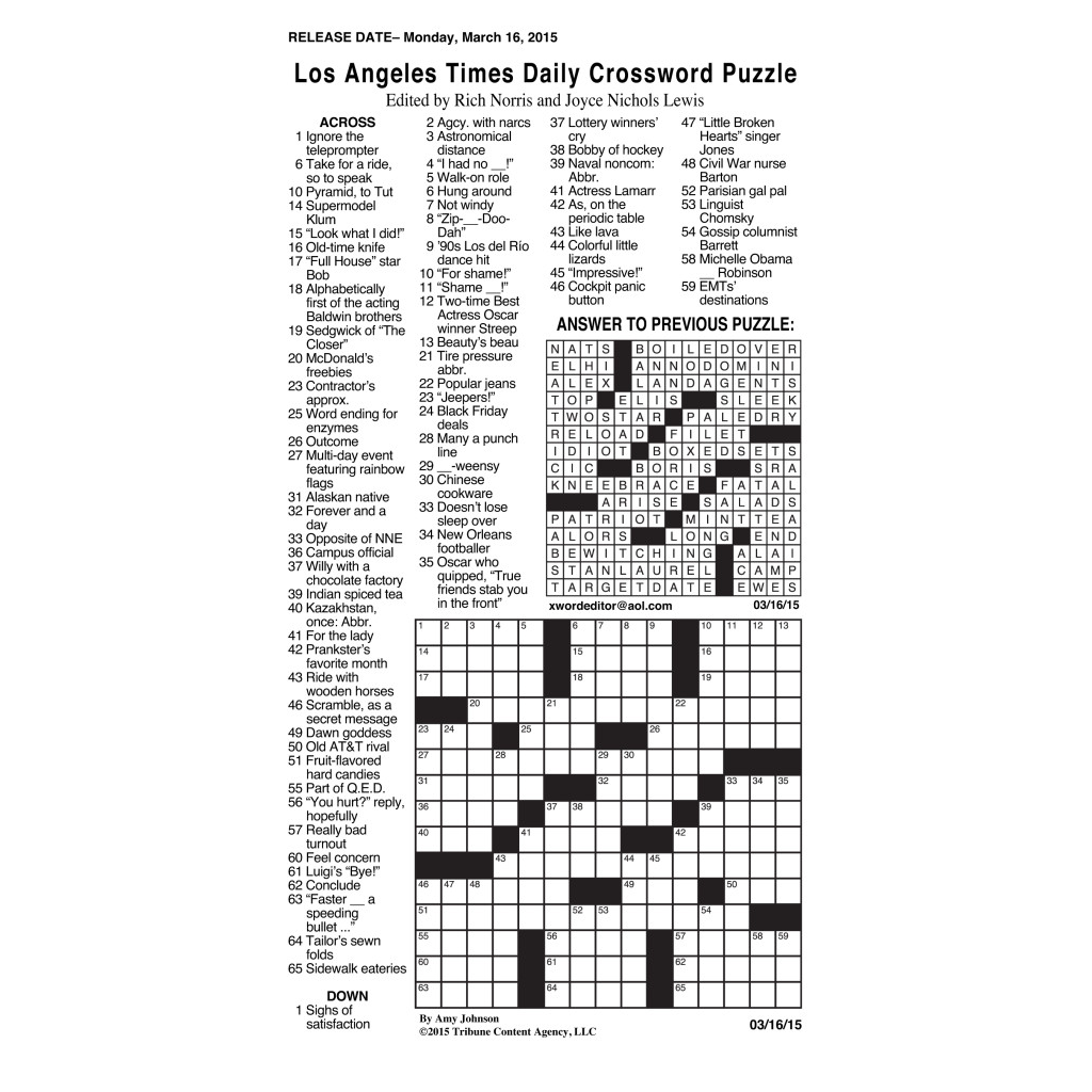 Sample Of Los Angeles Times Daily Crossword Puzzle AsiafeatureIndia
