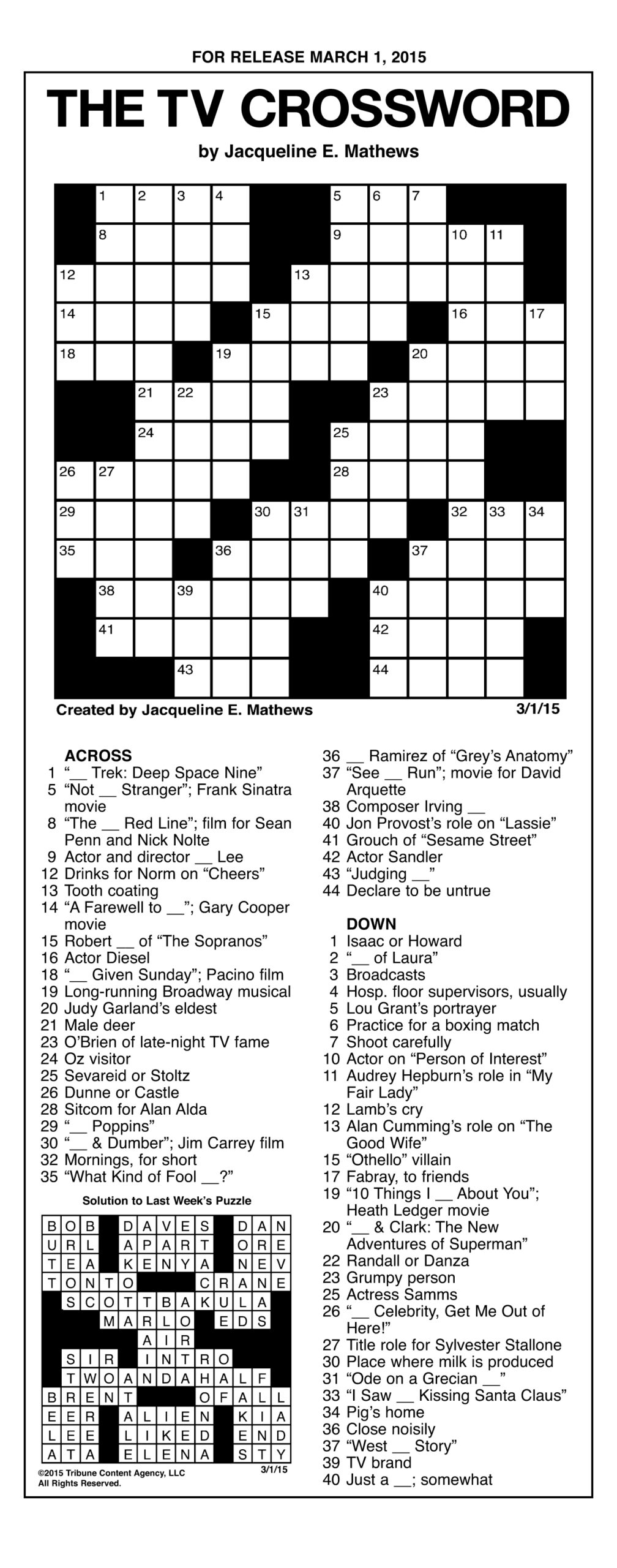 Sample Of The Tv Crossword Tribune Content Agency March 1 2015 