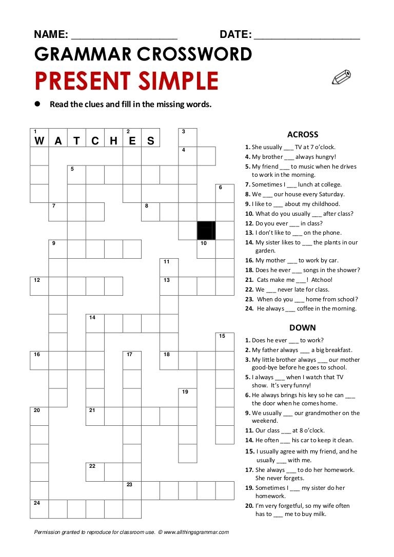 Simple Present Tense Crossword Puzzle Printable Printable Crossword 