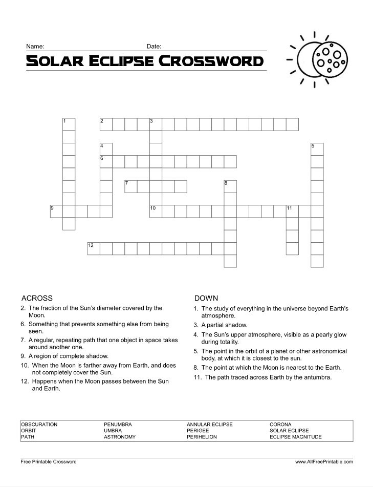 Solar Eclipse Crossword Free Printable
