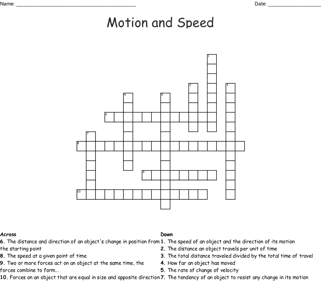 Speed Acceleration And Velocity Crosswordgabriel Beckett Printable 