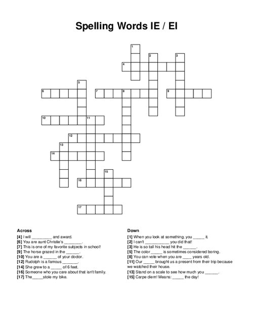 Spelling Words IE EI Crossword Puzzle