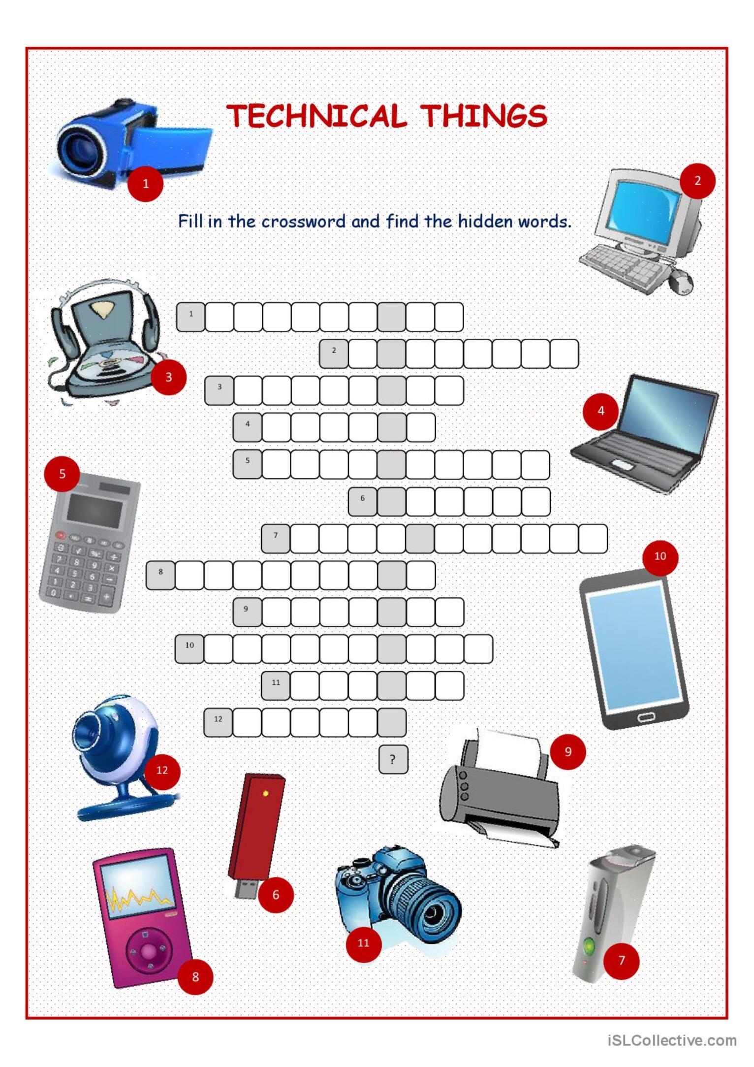 Technical Things Crossword Puzzl Fran ais FLE Fiches Pedagogiques Pdf 