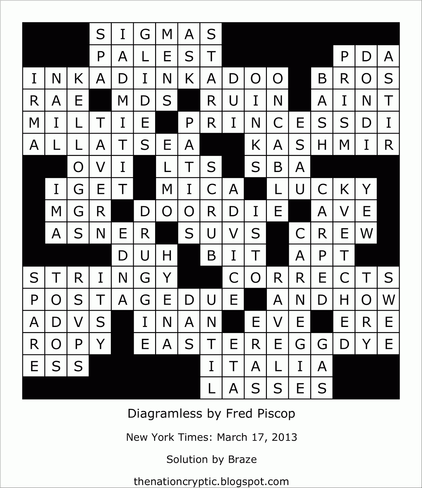 The Nation Cryptic Crossword Forum New York Times Diagramless Solution 