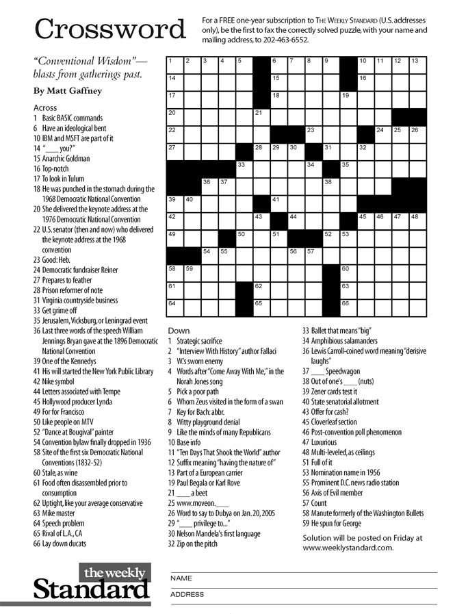 The Standard Crossword Washington Examiner