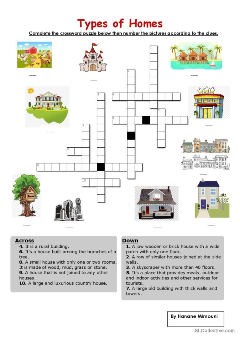 Types Of Homes Crossword Puzzl English ESL Worksheets Pdf Doc