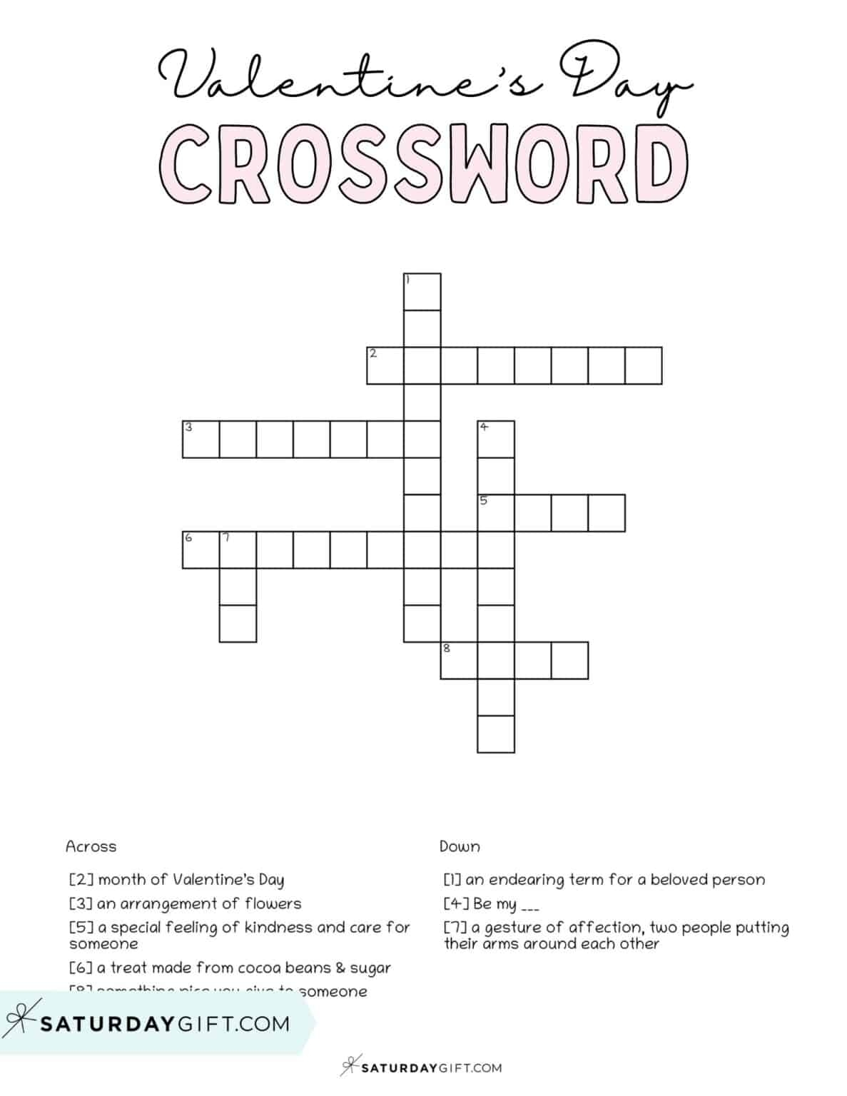 Valentine 39 s Day Crossword Puzzle Cute Free Printable SaturdayGift