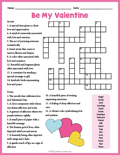 Valentine 39 s Day Crossword Valentine 39 s Day Crossword