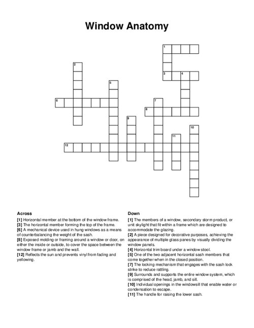 Window Anatomy Crossword Puzzle