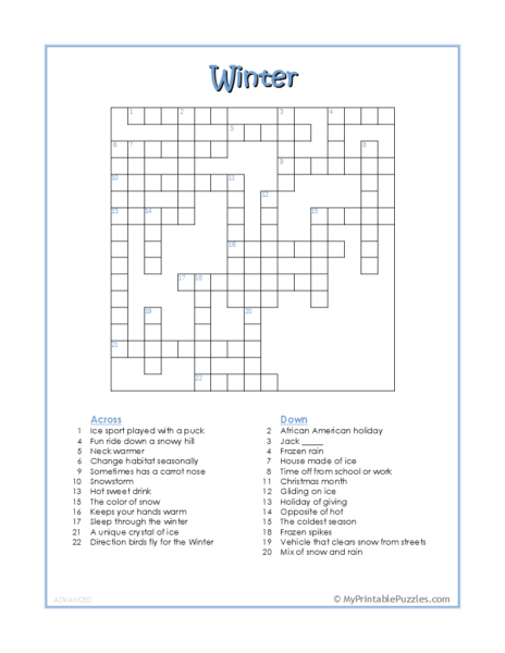 Winter Crossword Puzzle Advanced My Printable Puzzles