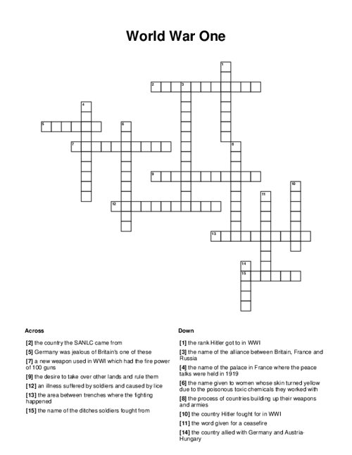 World War One Crossword Puzzle